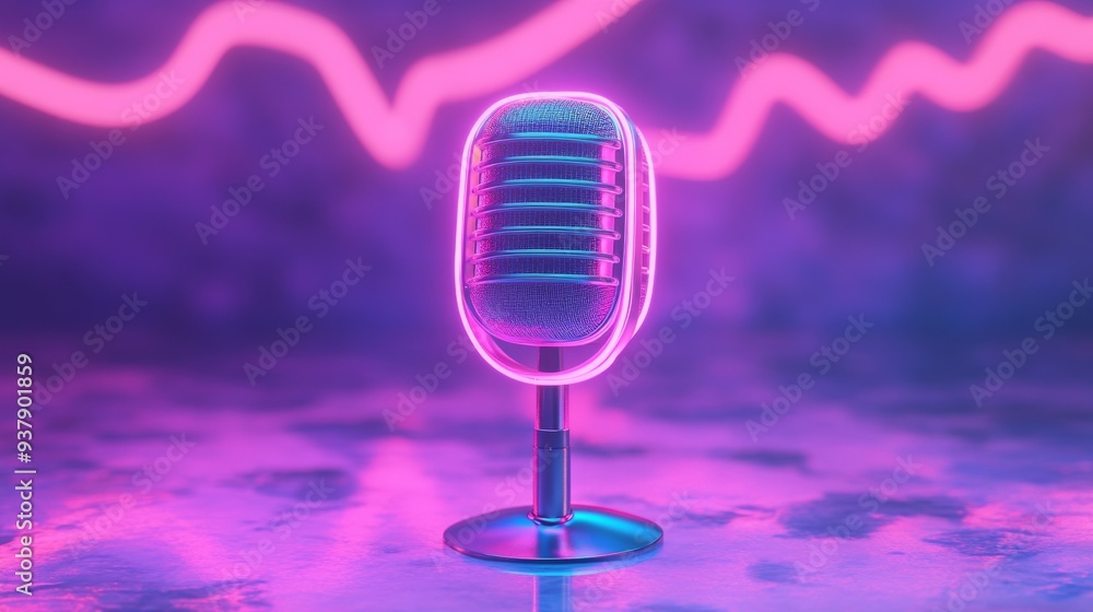 Poster a microphone is lit up in neon colors and is placed on a table