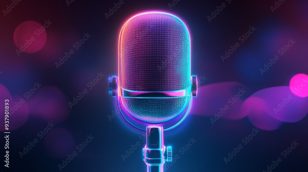 Poster a microphone with a colorful design is lit up in a dark background