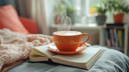 A steaming cup of coffee with a planner on the table, Monday morning, productivity and planning.