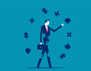 Finding jigsaw piece to complete work, career or success business, search for new idea to solve self problem, challenge or inspiration concept, businessman finding jigsaw to complete himself.