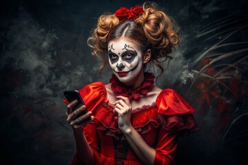A eerie female figure in a red dress and creepy clown costume, with intricately designed Halloween face art, holds a phone against a dark black background.