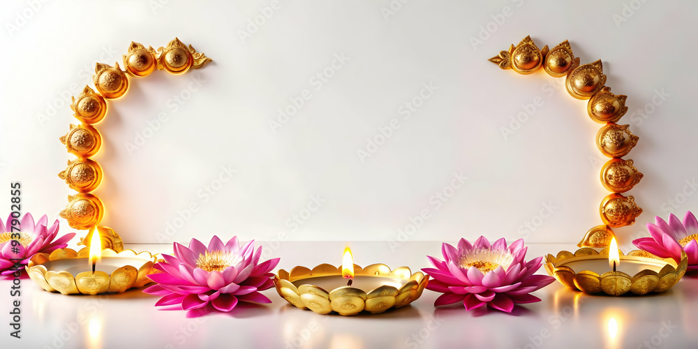 Poster 3d lotus and diya border frame concept as horizontal frame with lotus flowers and lit diyas arranged
