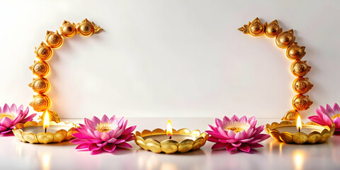 3D Lotus and Diya Border Frame concept as Horizontal frame with lotus flowers and lit diyas arranged along the edges creating a serene and elegant Dussehra themed copy space with a focus on purity and