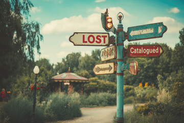 A vintage-style road sign with the word " LOST" on it, pointing to different directions in an amusement park setting.. Created with Ai