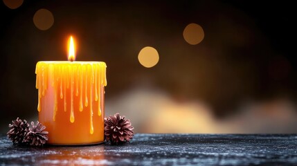 Candle Dripping in a dimly lit room, fog rolling around, soft warm light with deep shadow, detailed wax and flame