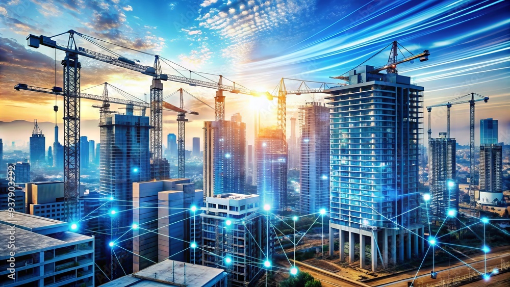 Poster aerial view of modern cityscape with cranes and buildings under construction, surrounded by digital 