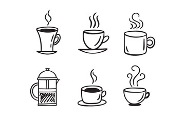 Hand drawn hot drinks set. Doodle coffee cups white background. Coffee, tea, cappuccino, espresso, latte, americano, hot chocolate