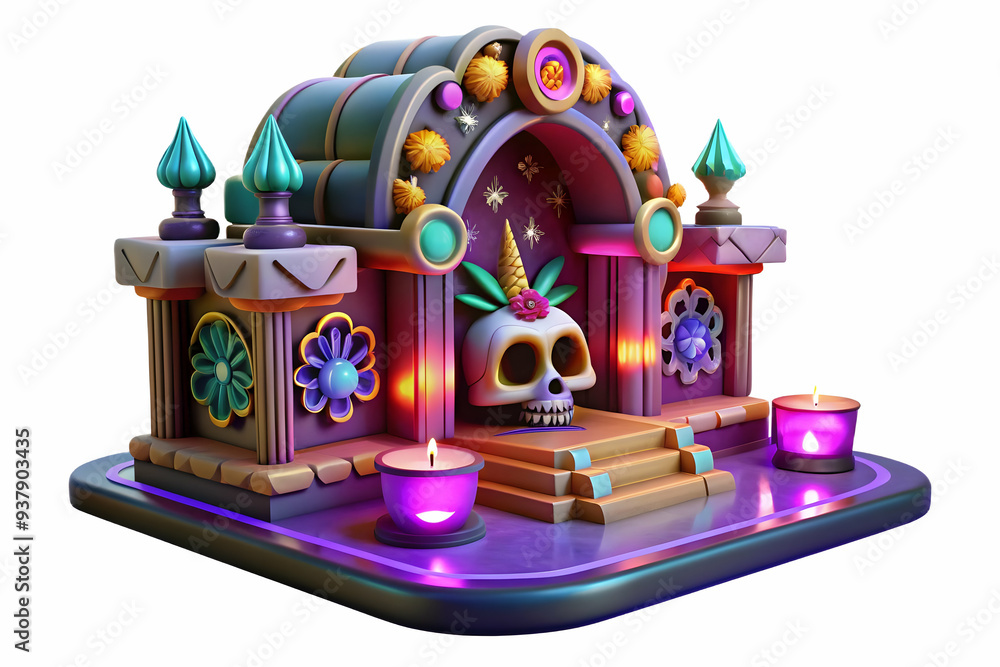 Poster 3d neon altar with digital glowing elements concept as an abstract digital artwork of a traditional 