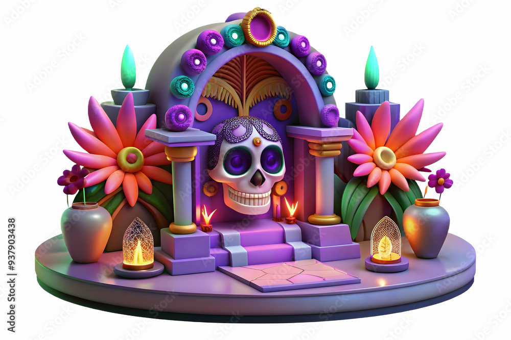 Poster 3d neon altar with digital glowing elements concept as an abstract digital artwork of a traditional 
