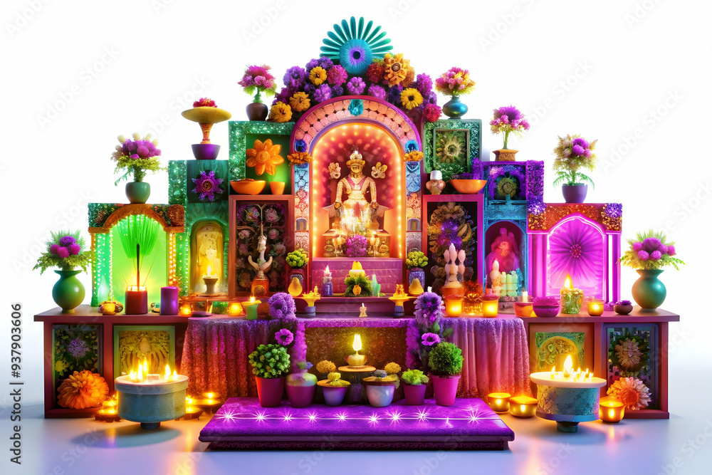 Poster 3d neon altar with digital glowing elements concept as an abstract digital artwork of a traditional 