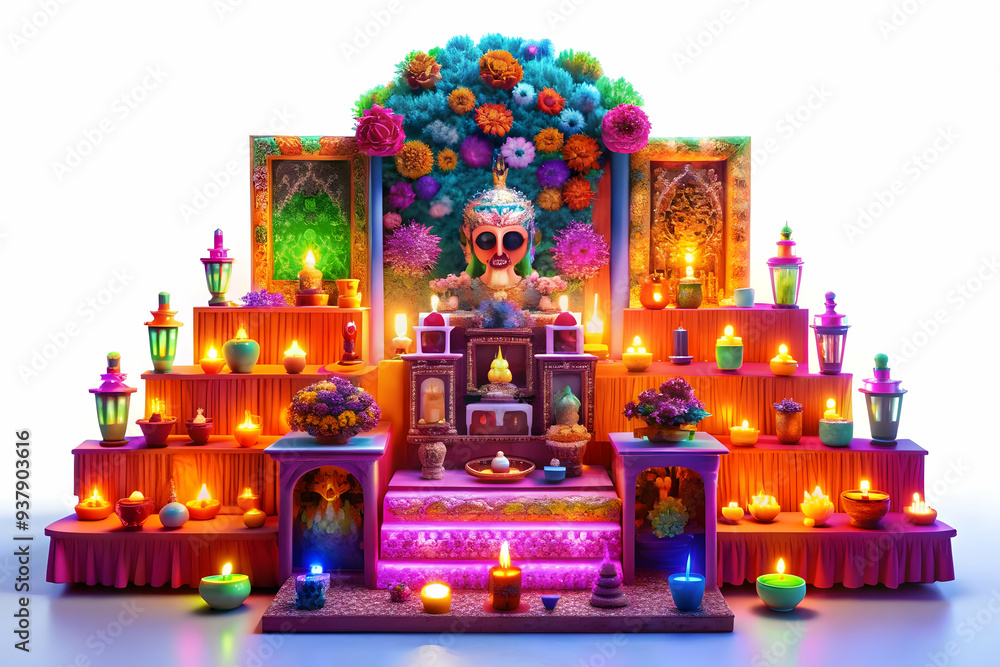 Poster 3d neon altar with digital glowing elements concept as an abstract digital artwork of a traditional 