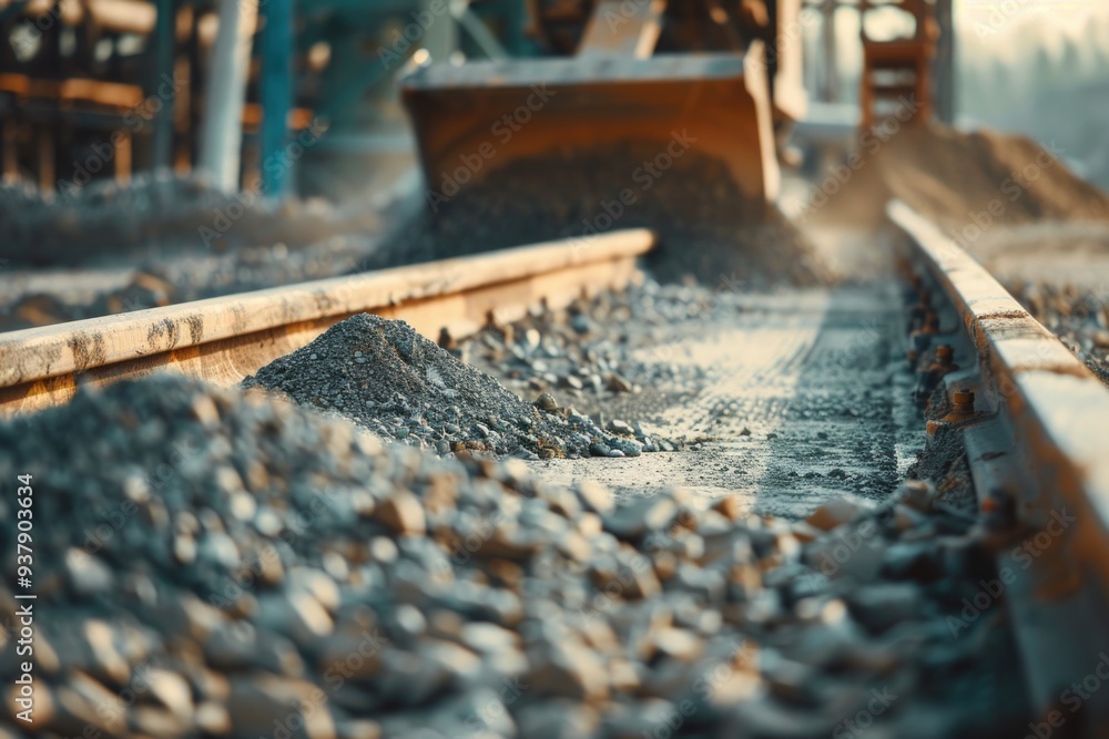 Poster a large pile of gravel sits on top of a train track, waiting to be removed or transported elsewhere