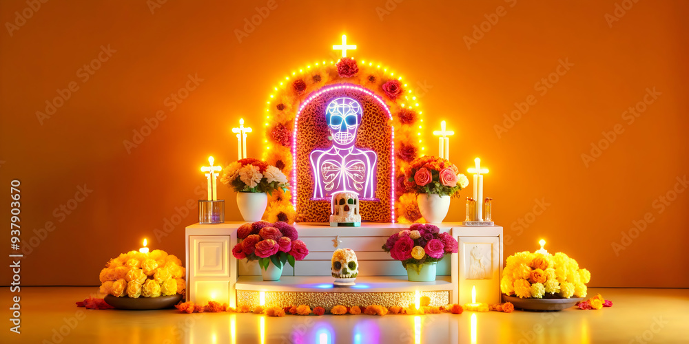 Poster 3d neon altar with digital glowing elements concept as an abstract digital artwork of a traditional 