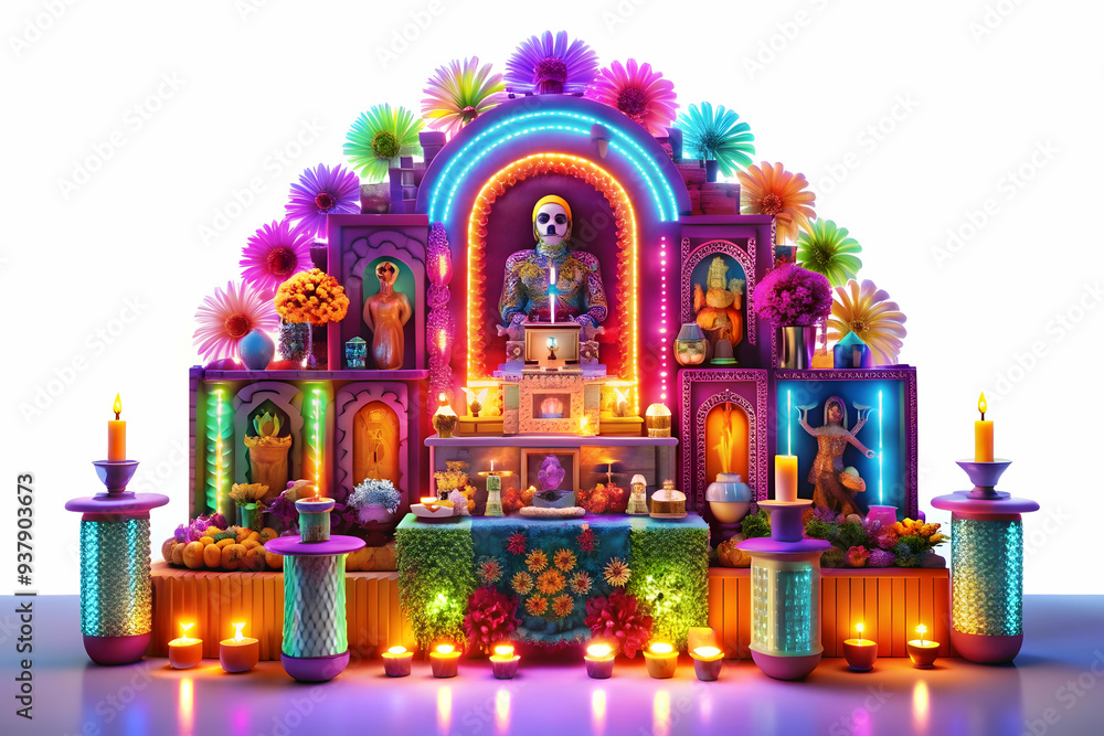 Poster 3d neon altar with digital glowing elements concept as an abstract digital artwork of a traditional 