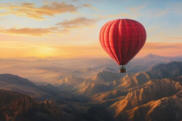 Fototapeta premium Red Hot Air Balloon Soaring Over Mountainous Landscape at Sunset