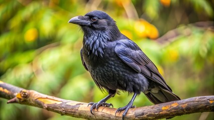 Obraz premium A Fluffy Black Crow Perches On A Tree Branch, Its Head Tilted And Eyes Gleaming With Curiosity.