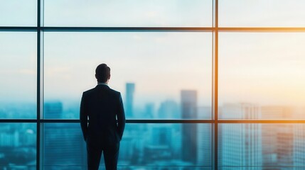 Fototapeta premium A businessman gazes at the city skyline through a large glass window, reflecting ambition and the pursuit of success.