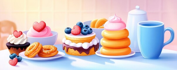 Dessert Sharing with laughter, soft warm tones with subtle shadows, detailed dessert and tableware