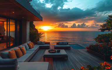 Fototapeta premium Outdoor Terrace: Comfortable Deck Furniture & Sunset Water View