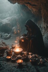 Fototapeta premium Mysterious hooded figure in a cave with fire and candles