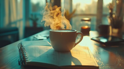 A steaming cup of coffee with a planner on the table, Monday morning, productivity and planning.