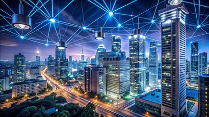 Obraz premium A futuristic cityscape at night with sleek skyscrapers and neon lights, overlaid with a network of surveillance cameras and wires, evoking a sense of technological oversight.