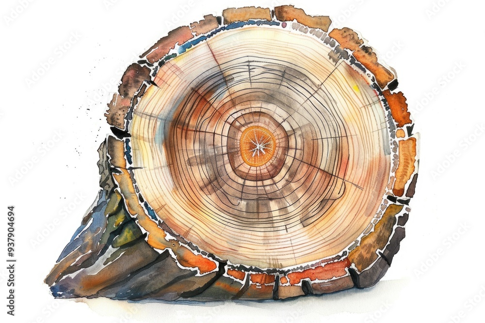 Poster watercolor art of a tree stump with rustic texture and natural colors