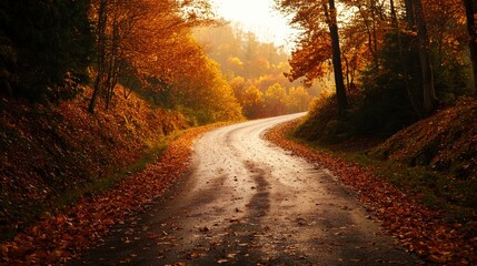 Obraz premium A country road winding through a hilly landscape, with trees on either side in full autumn colors. The road is covered in fallen leaves, and a soft golden light illuminates the scene.