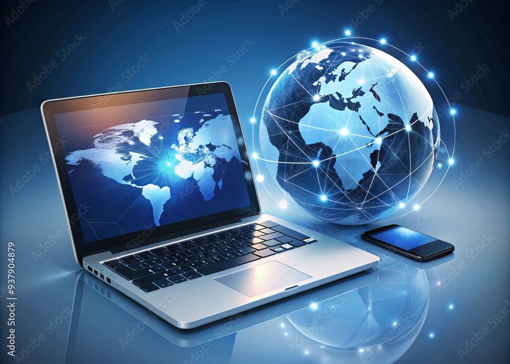 Poster a global online banking concept featuring a laptop and smartphone with a virtual screen displaying a