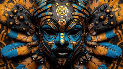 Obraz premium A stunning face adorned with vibrant blue and orange paint, featuring intricate patterns and rich cultural symbolism.