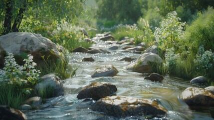 Tranquil Stream in a Lush Forest.