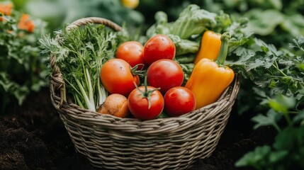 A vibrant mix of garden-fresh vegetables, showcasing tomatoes and peppers