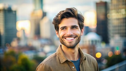 Fototapeta premium A happy and confident young man with a bright and infectious smile, standing against a blurred city background, exuding warmth and friendliness.