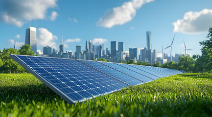 A solar panel farm stands in an open field with wind turbines and a city in the background, symbolizing the advancement of green energy and sustainable development. Beautiful green energy landscape.