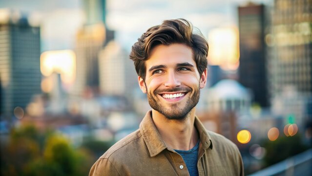 A happy and confident young man with a bright and infectious smile, standing against a blurred city background, exuding warmth and friendliness.
