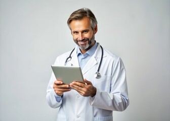 A healthcare professional dressed in a white lab coat holds a digital tablet, standing against a clean white background, embracing modern medical technologies and innovation.