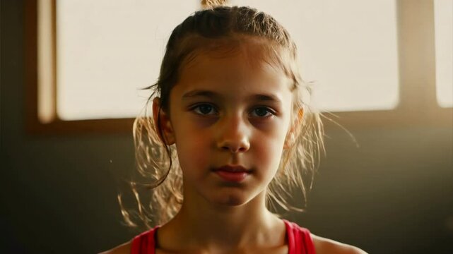 The Determined Gaze: A young girl, bathed in the warm glow of a sunlit window, stares directly at the camera with an expression of quiet determination. 