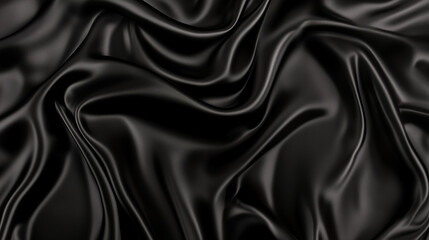 Obraz premium A top view of black satin fabric reveals a dark silk background with elegant folds, showcasing the smooth and luxurious texture of the material. The black satin is ideal for high-end fashion design, o
