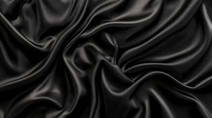 Obraz premium A top view of black satin fabric reveals a dark silk background with elegant folds, showcasing the smooth and luxurious texture of the material. The black satin is ideal for high-end fashion design, o