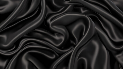Fototapeta premium A top view of black satin fabric reveals a dark silk background with elegant folds, showcasing the smooth and luxurious texture of the material. The black satin is ideal for high-end fashion design, o