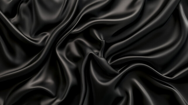 A top view of black satin fabric reveals a dark silk background with elegant folds, showcasing the smooth and luxurious texture of the material. The black satin is ideal for high-end fashion design, o