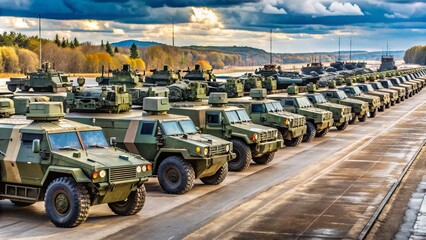 A Lineup Of Military Vehicles, Including Tanks, Trucks, And Armored Personnel Carriers, Parked On An Asphalt Lot, Ready For Deployment.