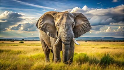 Fototapeta premium A majestic African elephant stands tall in a sun-drenched savannah, its wrinkled gray skin glistening, tusks curled, and ears flapping in the gentle breeze.