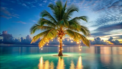 Obraz premium A majestic palm tree stands tall, adorned with twinkling Christmas lights that reflect off the calm turquoise water in the background, evoking a serene winter wonderland ambiance.