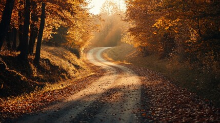 A country road winding through a hilly landscape, with trees on either side in full autumn colors. The road is covered in fallen leaves, and a soft golden light illuminates the scene.