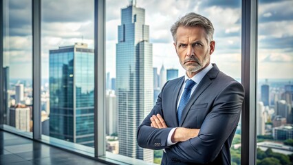Fototapeta premium A middle-aged businessman with a furrowed brow and raised eyebrow, looking doubtful and unimpressed, standing in a modern office with a city skyline view.