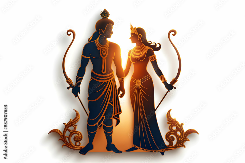 Poster 3d ram and sita silhouette frame concept as vertical frame with silhouettes of ram and sita on oppos
