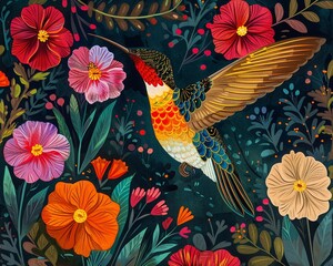 Hummingbird in Madhubani Bharni style, graceful concept, in a forest with carnation flowers, vibrant colors