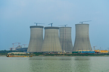 Cooling towers of Ruppur Nuclear power Plant, Bangladesh. View from the river.