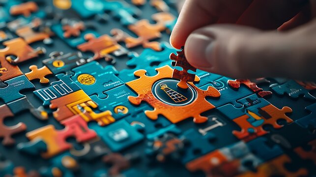 Hand placing jigsaw puzzle piece completing the picture, capturing the moment of achievement in a playful and dynamic visual.